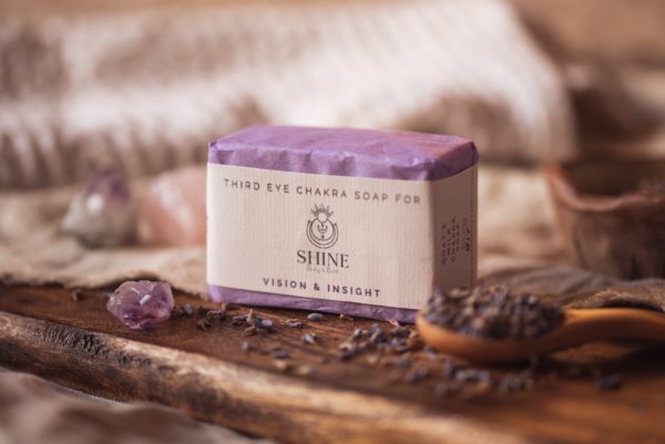 Third Eye Chakra Soap, wrapped on board with lavender and crystals | Shine Body & Bath
