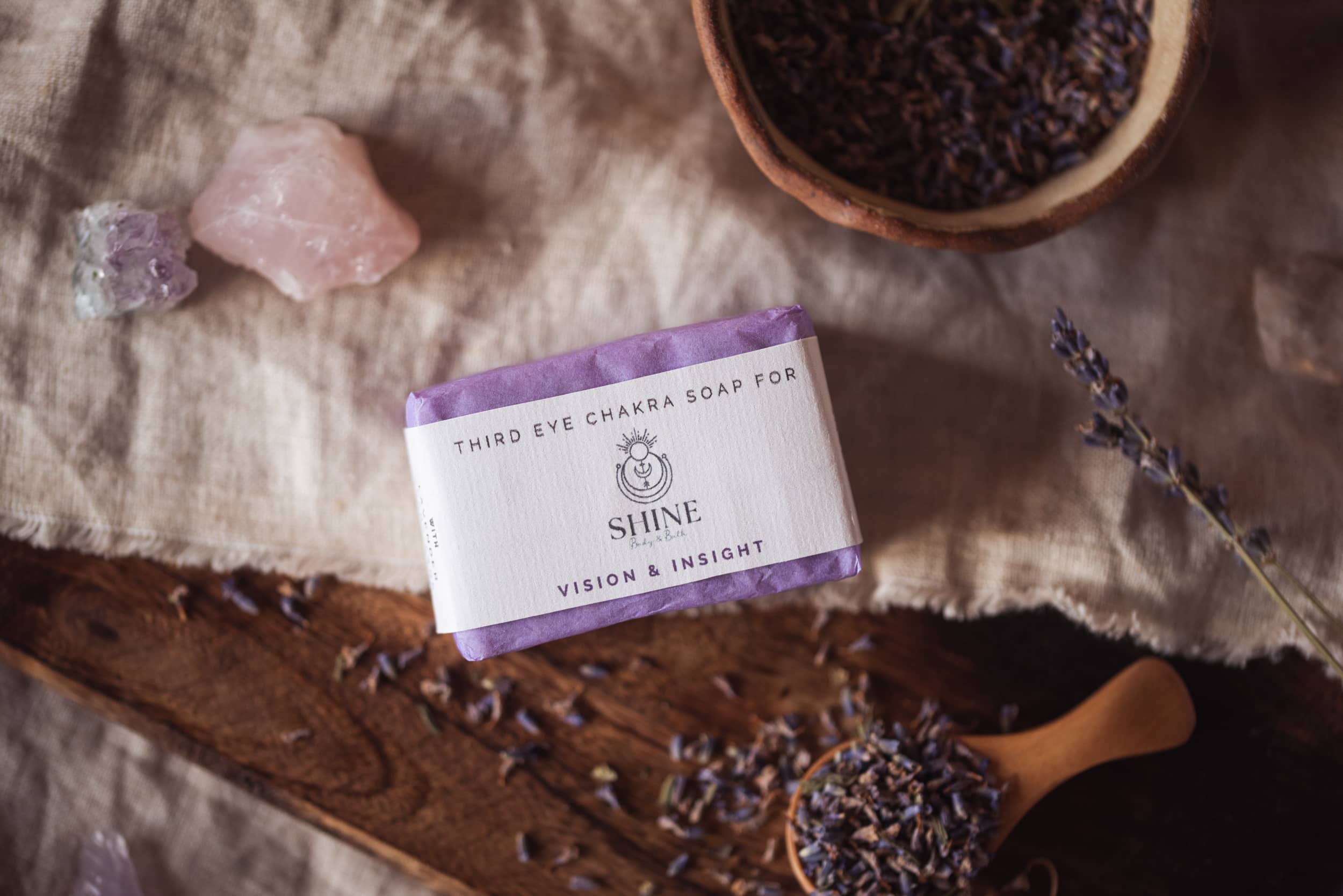Third Eye Chakra Soap, wrapped on board and linen with lavender and crystals | Shine Body & Bath