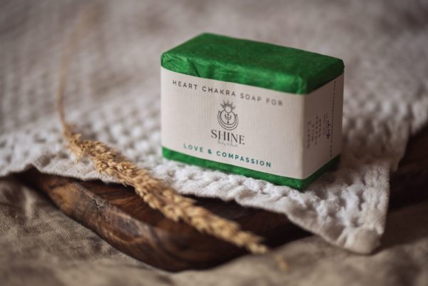 Heart Chakra Soap, wrapped on cream waffle fabric with dried ear of grass | Shine Body & Bath