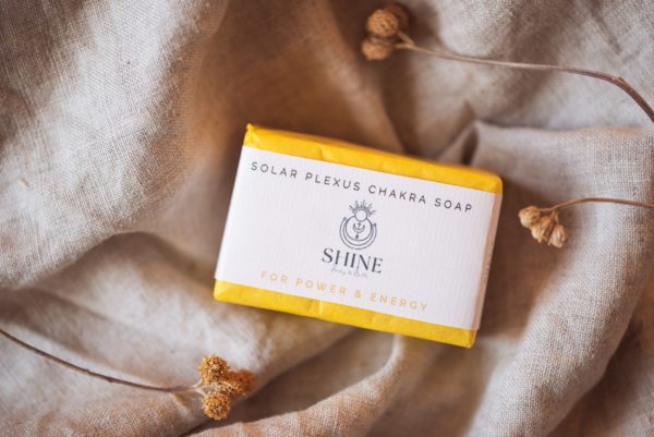Solar Plexus Chakra Soap, wrapped on cream linen with dried flowers | Shine Body & Bath