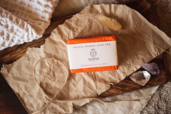 Sacral Chakra Soap, wrapped on crumpled brown paper with string, dried grass and crystals | Shine Body & Bath