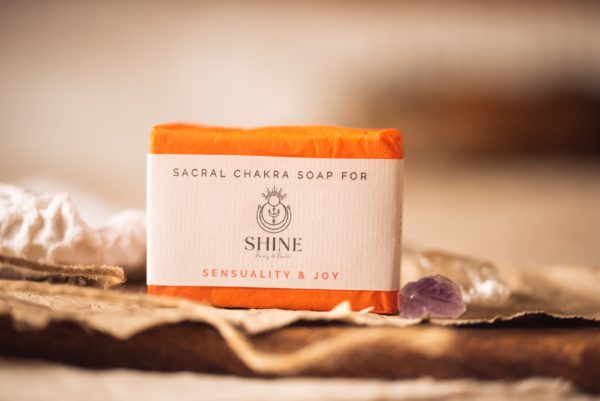 Sacral Chakra Soap, wrapped on crumpled brown paper with string, and an amethyst crystal | Shine Body & Bath
