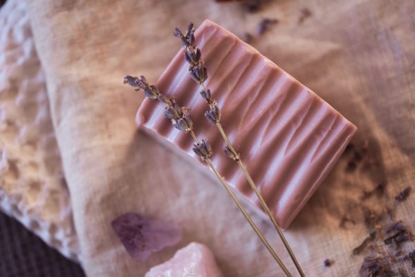 Third Eye Chakra Soap, unwrapped on cream and purple linen with lavender | Shine Body & Bath