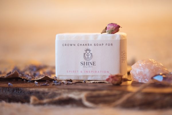 Crown Chakra Soap, wrapped on wooden board with rose buds and crystals | Shine Body & Bath