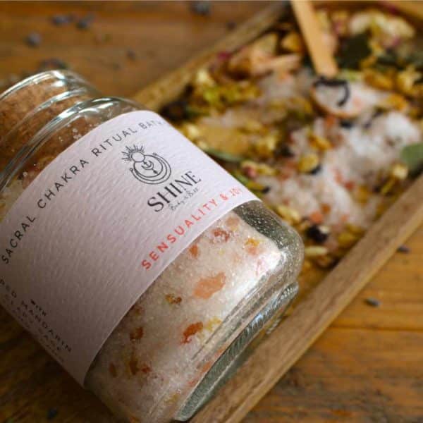 Sacral Chakra Ritual Bath Salts for Sensuality & Joy | Glass jar of bath salts close up | Shine Body & Bath