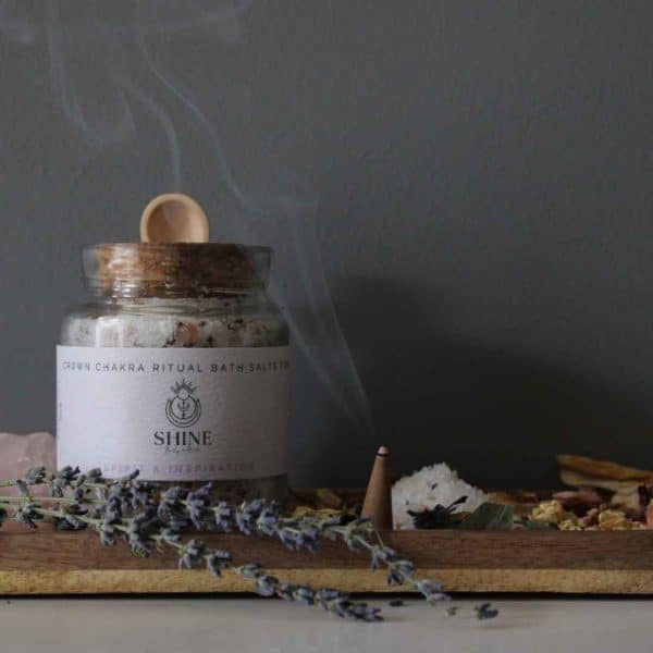 Third Eye Chakra Ritual Bath Salts for Vision & Insight | Glass jar of bath salts on shelf with lavender stems and incense cone | Shine Body & Bath