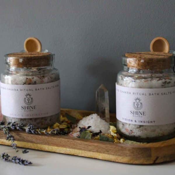 Duo of Chakra Ritual bath salts on wooden tray | Shine Body & Bath