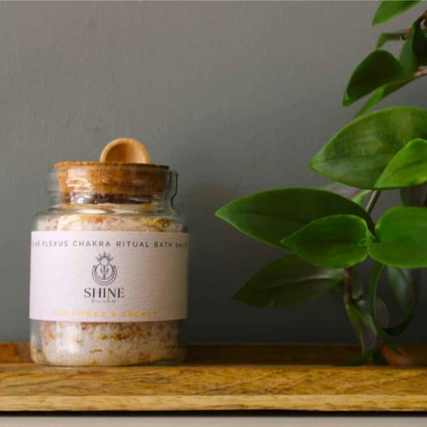 Solar Plexus Chakra Ritual Bath Salts for Power & Energy | Glass jar of bath salts on shelf | Shine Body & Bath