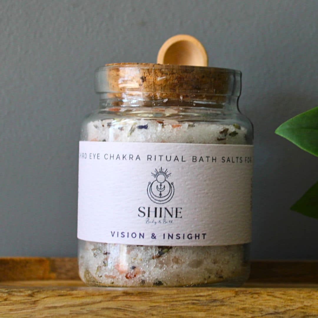 Third Eye Chakra Ritual Bath Salts for Vision & Insight | Glass jar of bath salts | Shine Body & Bath