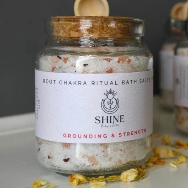 Root Chakra Ritual Bath Salts for Grounding & Strength | Glass jar of bath salts close up | Shine Body & Bath