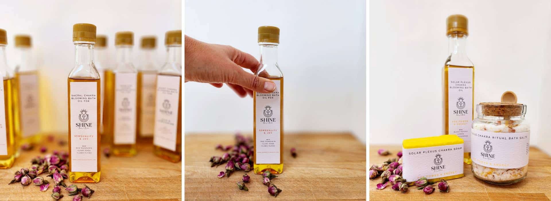 Three images showing different Chakra Blooming Bath OIls | 9 Different Ways to Use Shine Body & Bath Products | Blog