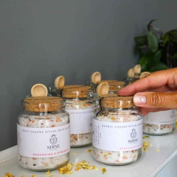 Group of Chakra Ritual bath salts on shelf | Shine Body & Bath
