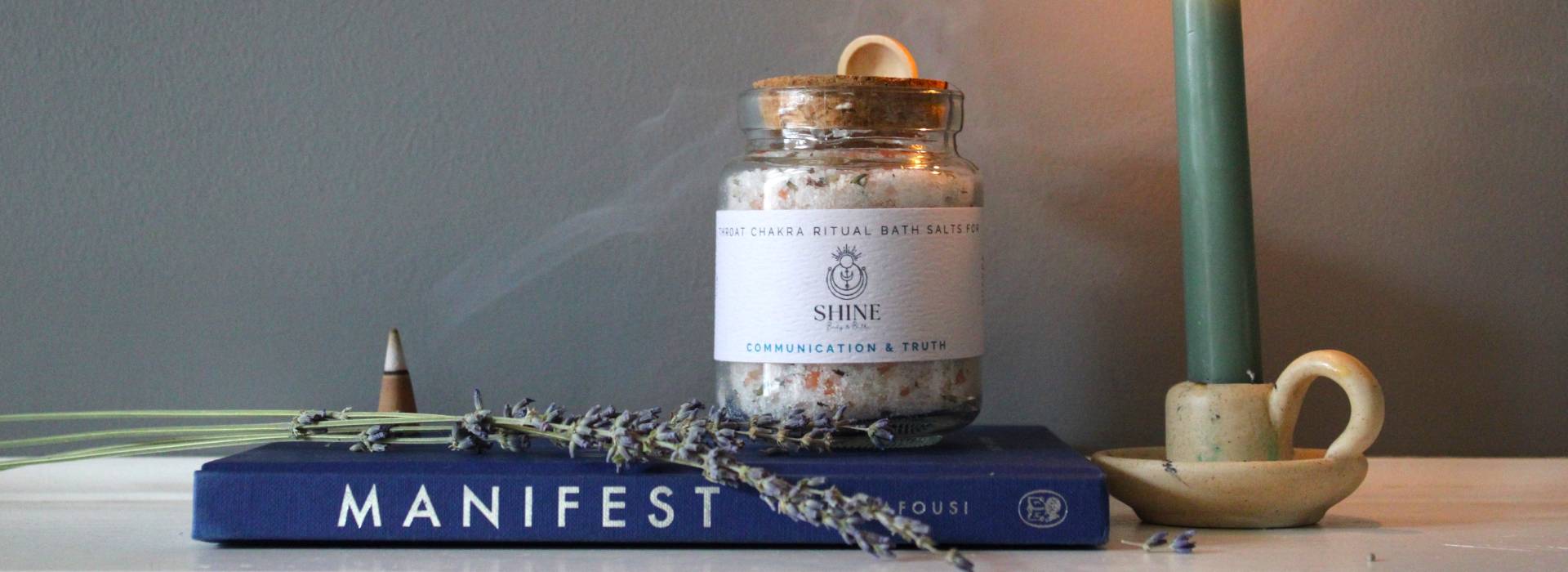 Throat Chakra Ritual Bath Salts on blue book | Homepage banner | Shine Body & Bath
