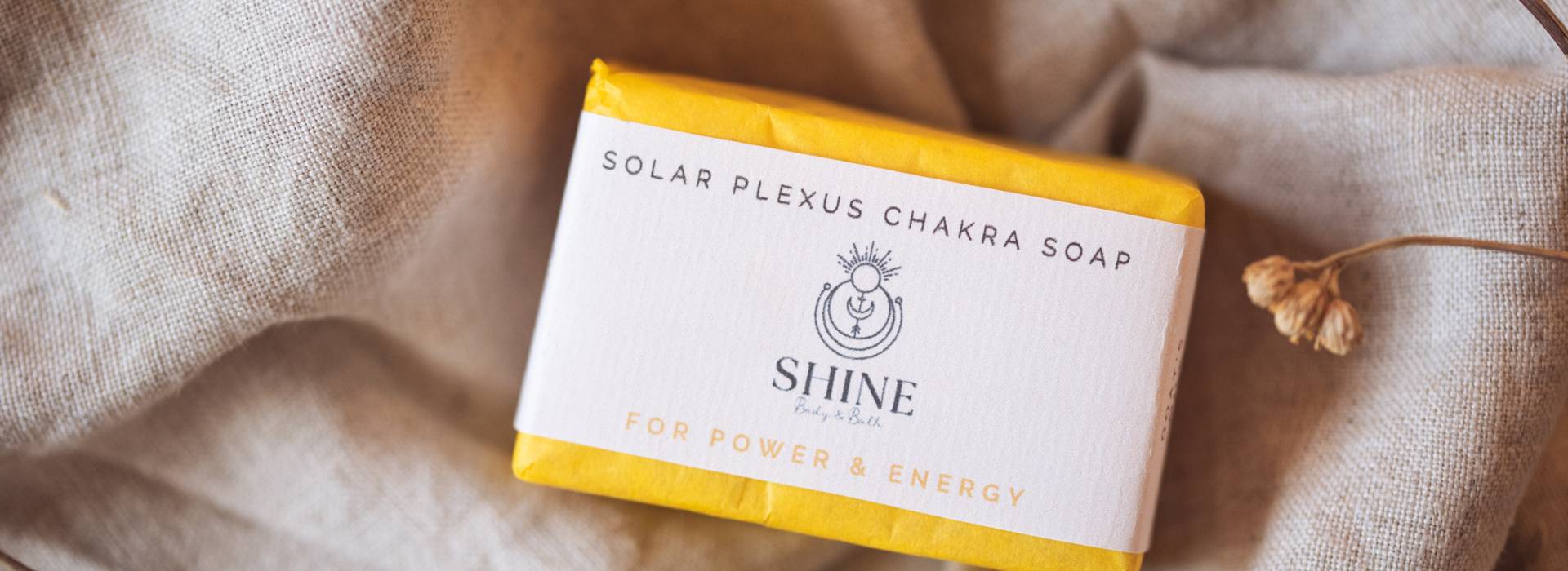 Solar Plexus Chakra Soap, wrapped on linen | Homepage banner | Shine Body & Bath