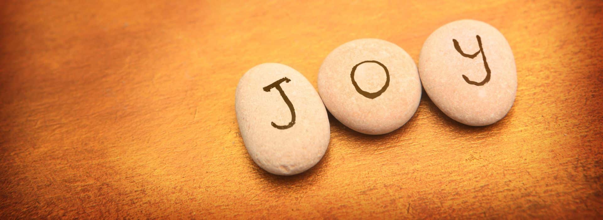 Pebbles spelling out JOY | How to live more joyfully | Shine Body & Bath Chakra Soap | Blog